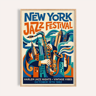 New York jazz festival wall art print with saxophone player and city skyline illustration