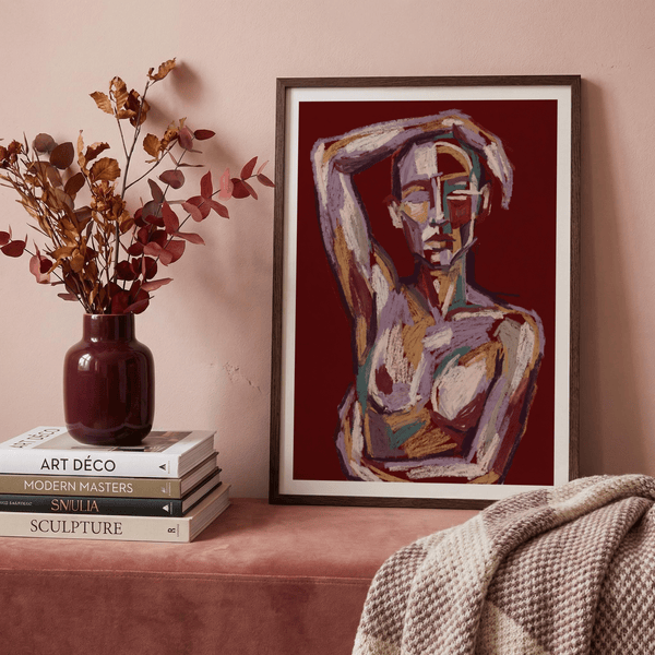 Modern figurative poster showing a stylized torso and angular facial planes