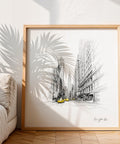 New York City drawing with tall buildings and taxis square wall art