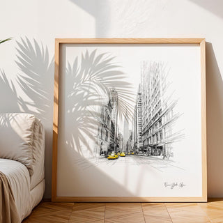 New York City drawing with tall buildings and taxis square wall art