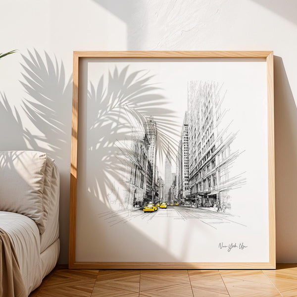 New York City drawing with tall buildings and taxis square wall art