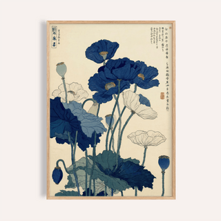Japanese Poppy Wall Art in blue and white for living room wall art