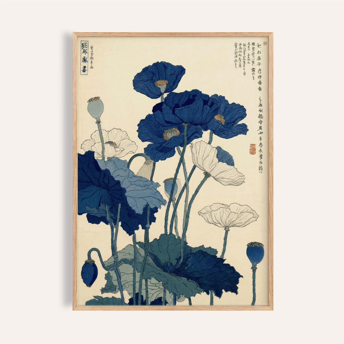Japanese Poppy Wall Art in blue and white for living room wall art