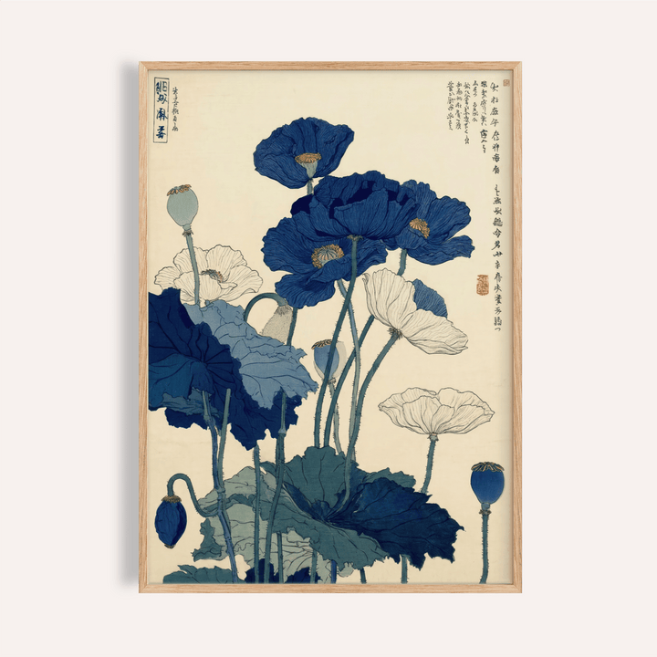 Japanese Poppy Wall Art in blue and white for living room wall art