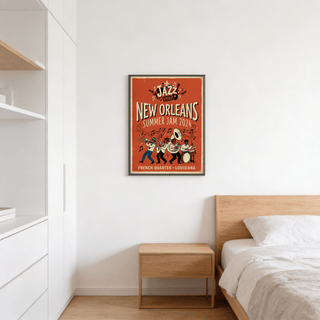 Lively brass band wall art with flowing staff lines across the page