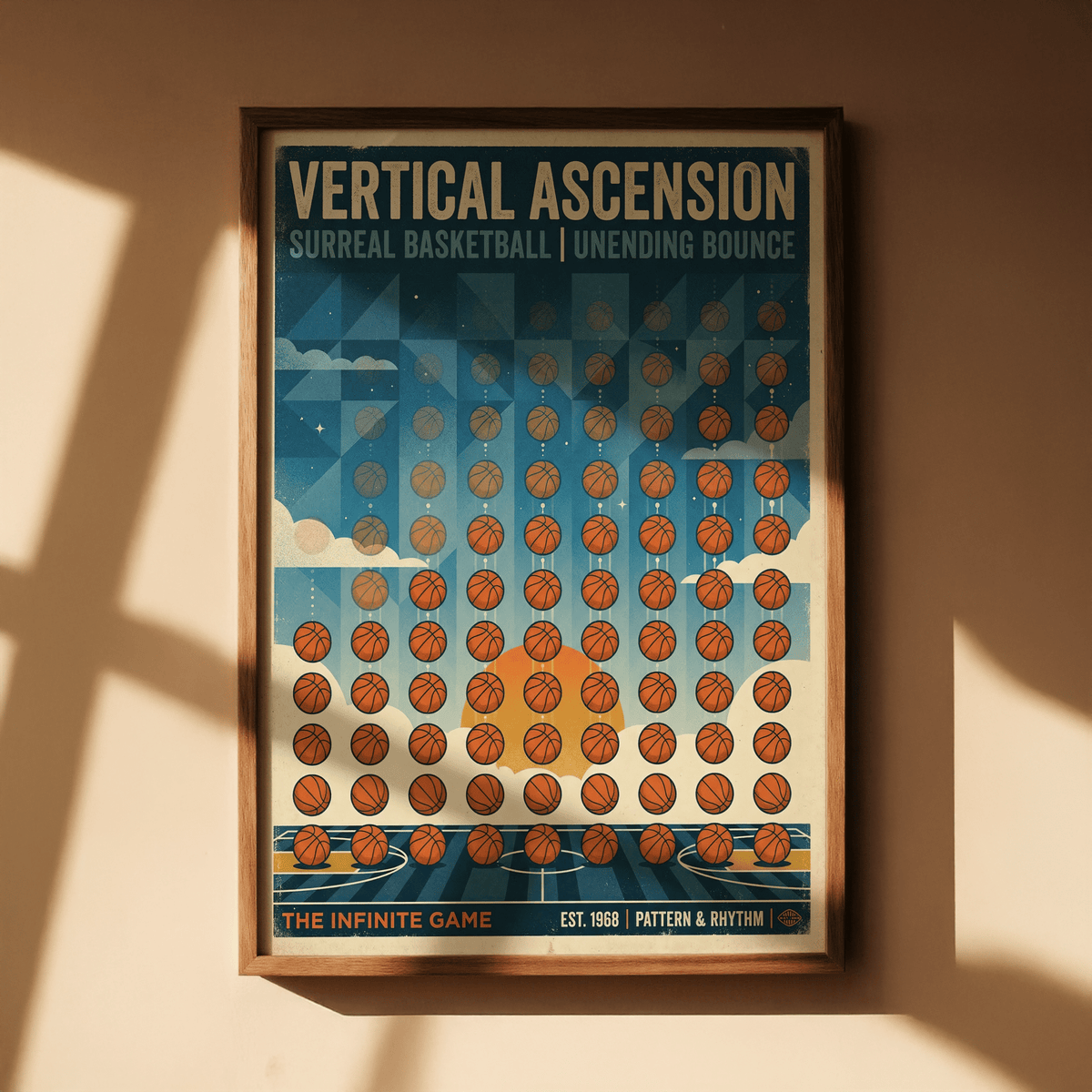 Middle area of Abstract Sports Wall Art featuring stacked basketball motifs and dotted bounce lines