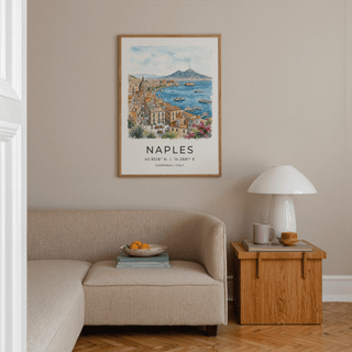 Coastal Italian travel illustration showing boats on calm water and distant mountain