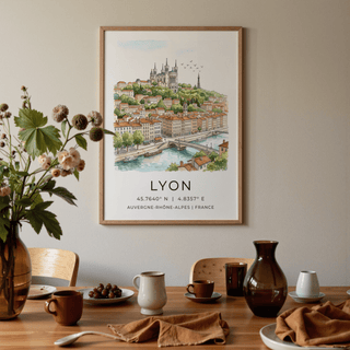 Gallery wall arrangement featuring Lyon City Art Print among travel prints