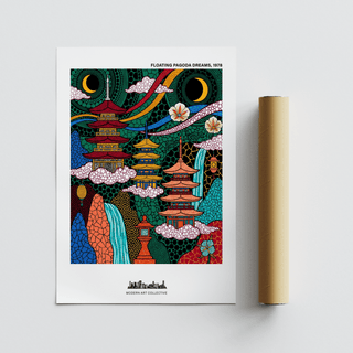 Curving ribbon bands and waterfall landscape wall art print with pagodas