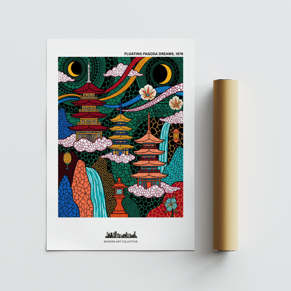 Curving ribbon bands and waterfall landscape wall art print with pagodas