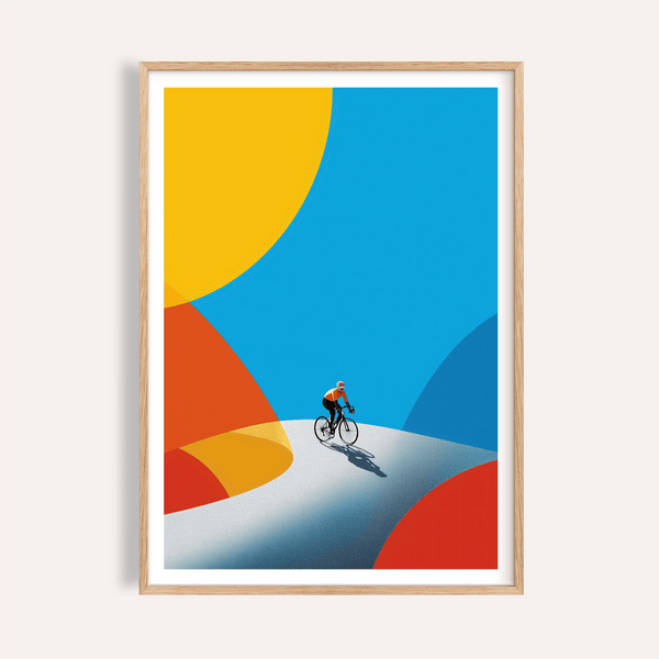 Above the curved roadway, Cycling Art Print poster shows a lone cyclist and long shadow under layered arcs