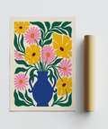 Artistic Floral Vase Art Print with Blue, Green, Pink, and Yellow colors for kitchen wall art