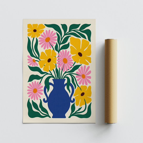 Artistic Floral Vase Art Print with Blue, Green, Pink, and Yellow colors for kitchen wall art