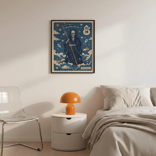 Japanese-inspired skeleton reaper print with patterned sky and blossoms