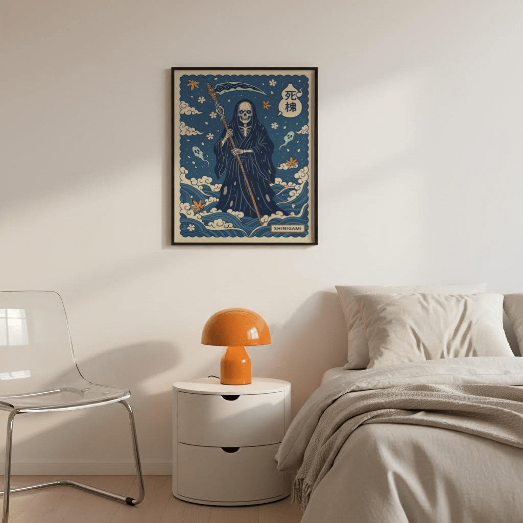 Japanese-inspired skeleton reaper print with patterned sky and blossoms