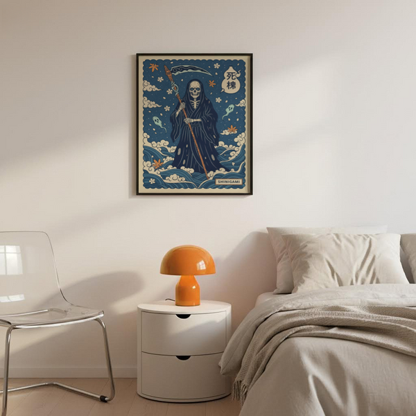 Japanese-inspired skeleton reaper print with patterned sky and blossoms