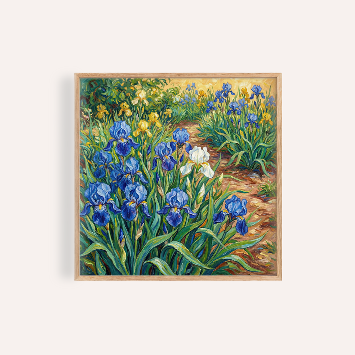 Blue Iris Art Print with green and blue tones for living room wall art