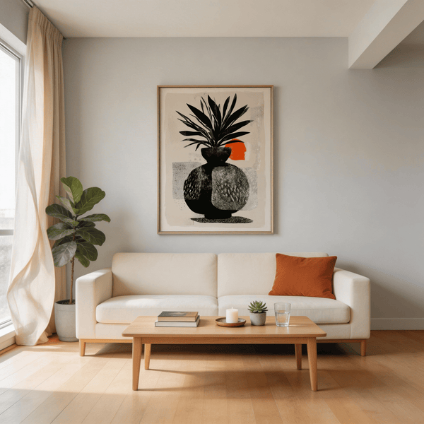 Contemporary botanical wall art print featuring pointed leaves and a rounded vessel