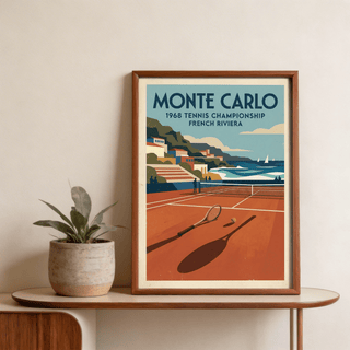 Spectators by the net on a tennis court poster print with coastline view