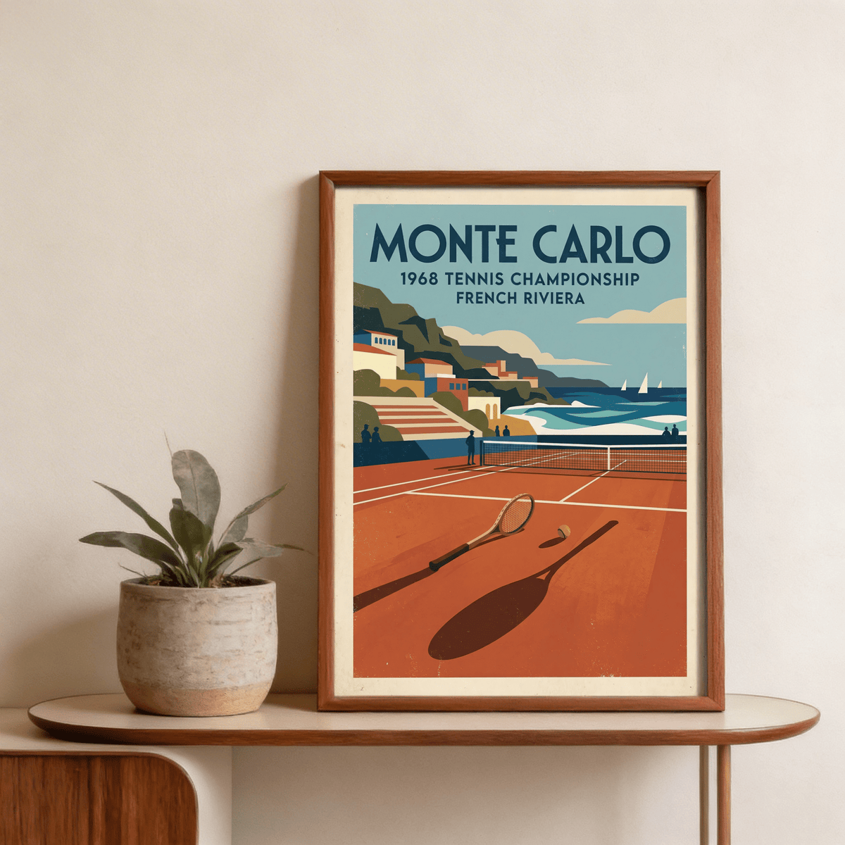 Spectators by the net on a tennis court poster print with coastline view