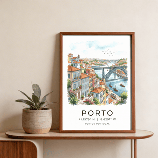 Typography section of Porto City Art Print poster with “PORTO,” coordinates, and “PORTO | PORTUGAL”