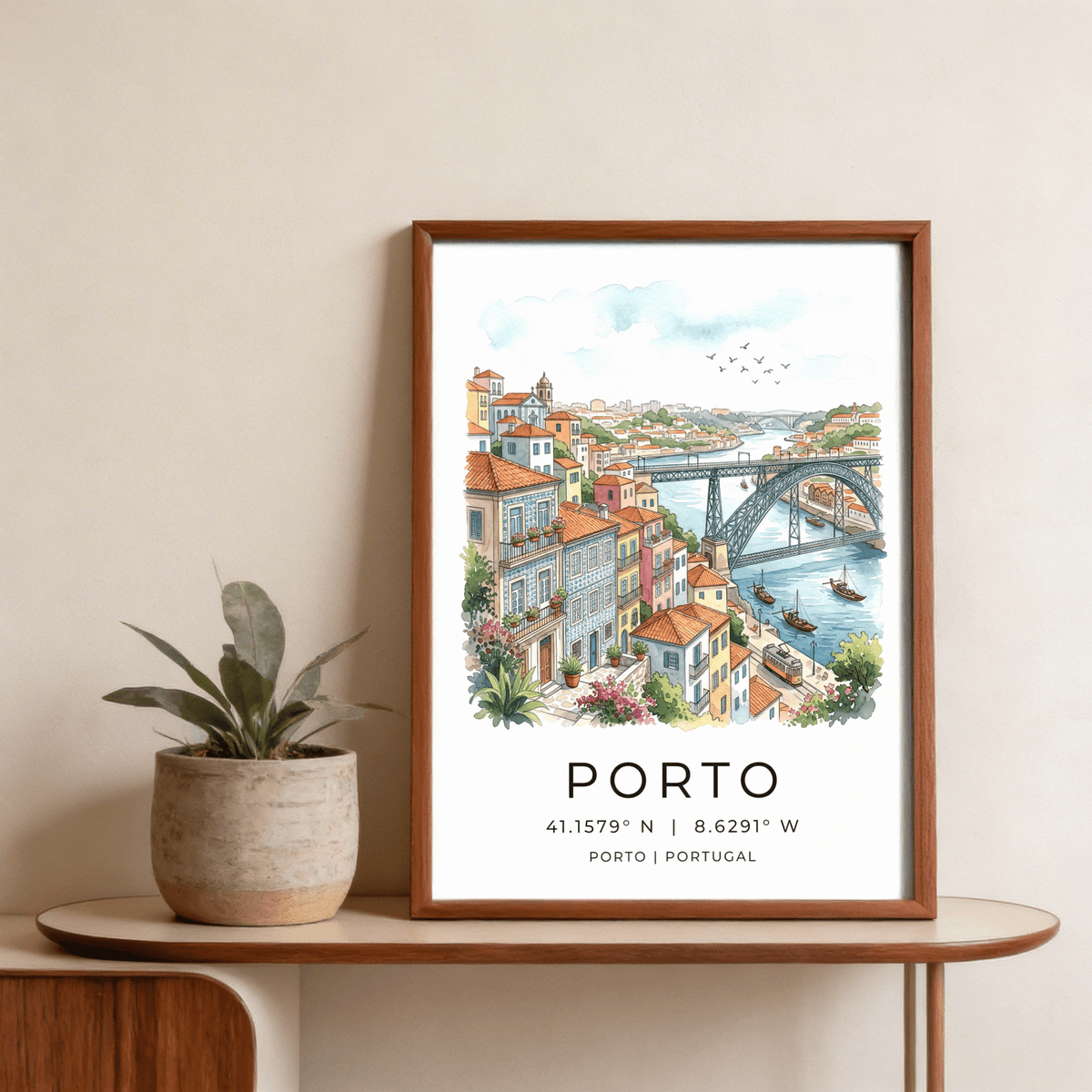 Typography section of Porto City Art Print poster with “PORTO,” coordinates, and “PORTO | PORTUGAL”