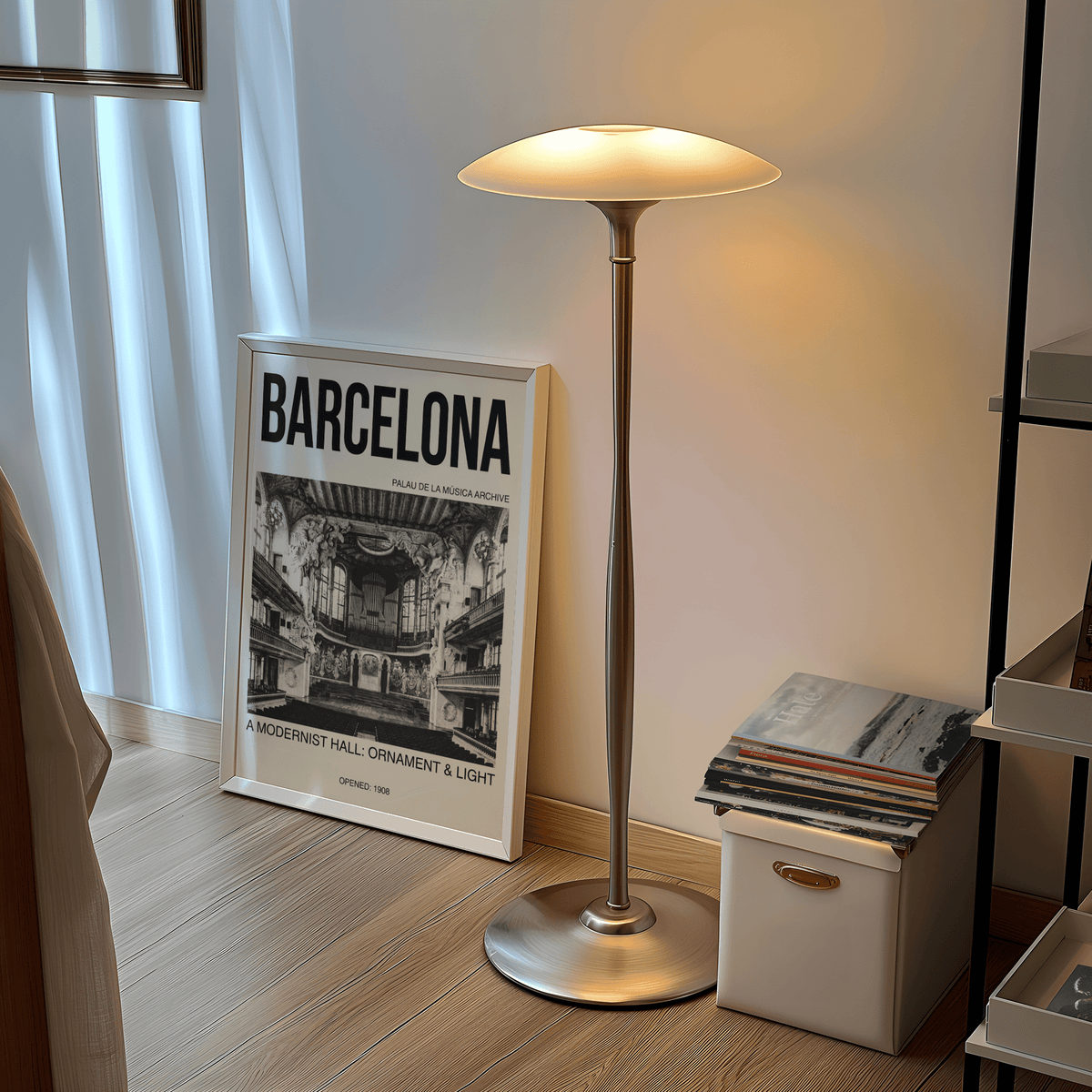 Modernist Architecture Art Print featuring Barcelona text and symmetrical auditorium with layered balconies