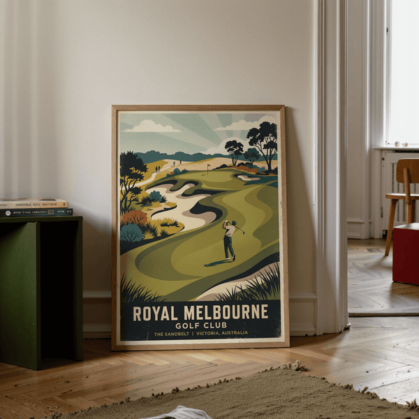 Retro travel poster print featuring distant walkers, clouds, and radiating sky bands over the course