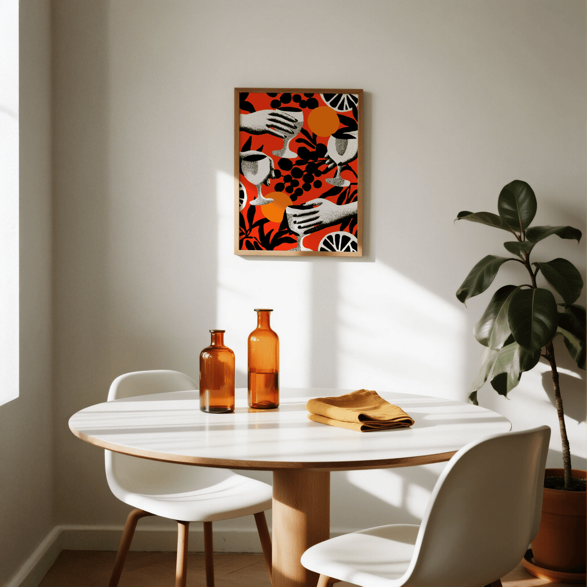 Abstract Drink Wall Art featuring hands holding glasses and citrus slice motifs