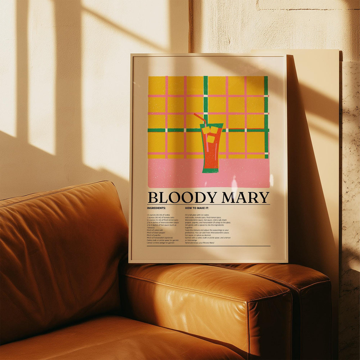 Illustrated retro drink poster showing a Bloody Mary on a colorful background.
