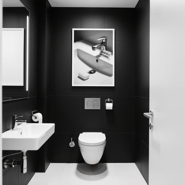 Close-up of funny wash hands sign reading “Soap Is Not Optional.”