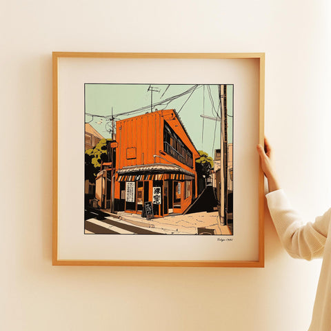 Square-format retro Japanese wall art with an orange Tokyo street scene