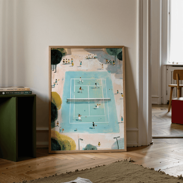 Central Tennis Game Art Print showing a top-down court with net and players in motion