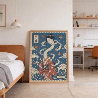 Close-up wall art print detail of the yokai figure’s face, hair ornaments, and cloud curls