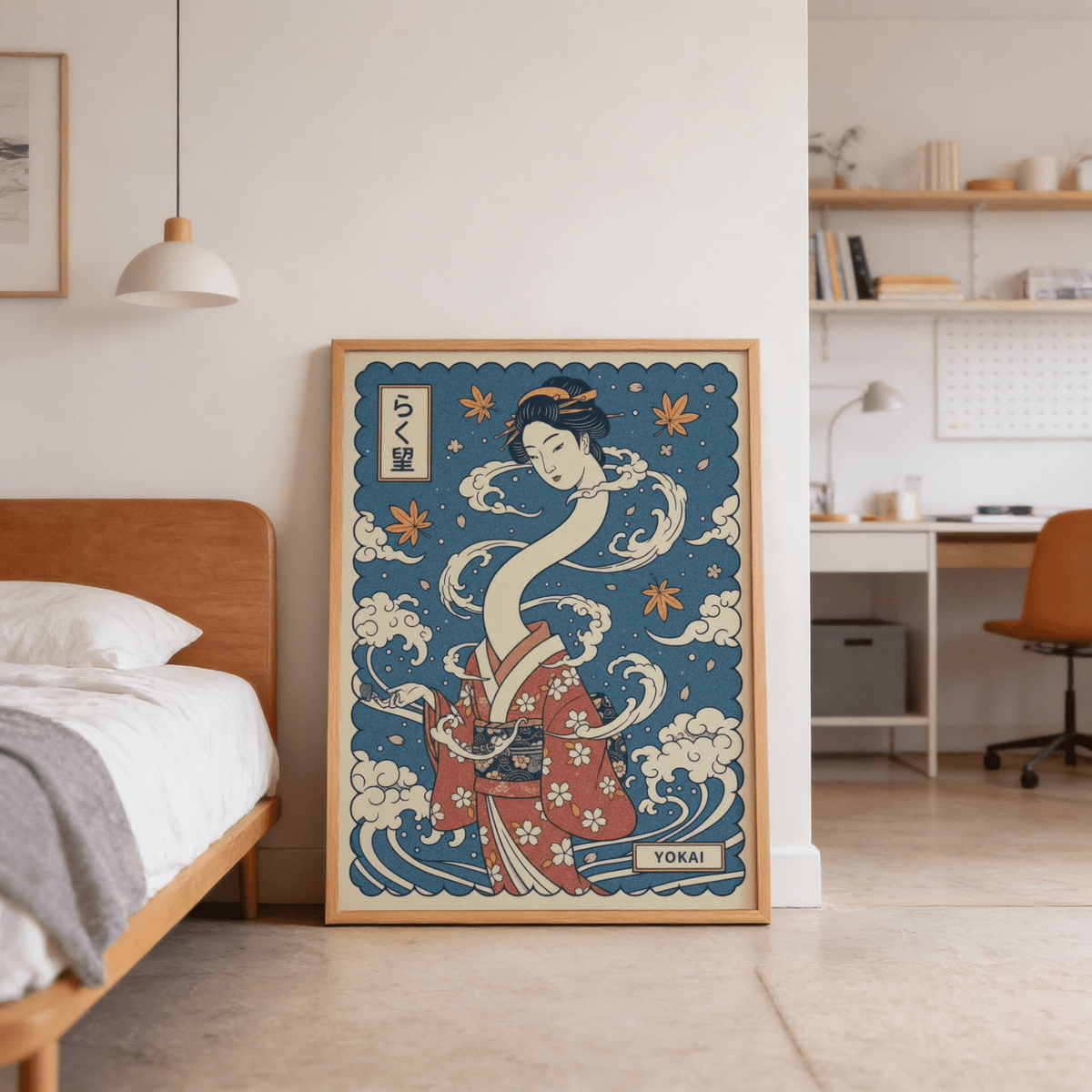 Close-up wall art print detail of the yokai figure’s face, hair ornaments, and cloud curls