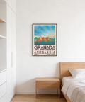 Graphic cityscape illustration poster print with simplified architecture and negative space sky