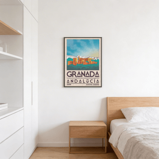 Graphic cityscape illustration poster print with simplified architecture and negative space sky