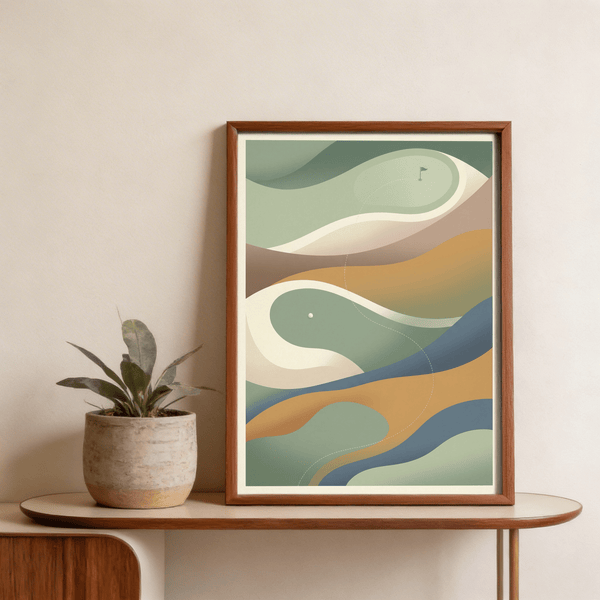Golf Abstract Art Print showing layered contours, flag pin, and dotted ball path