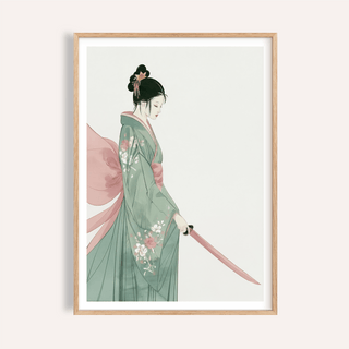 Profile kimono illustration with floral robe and flowing ribbon wall art