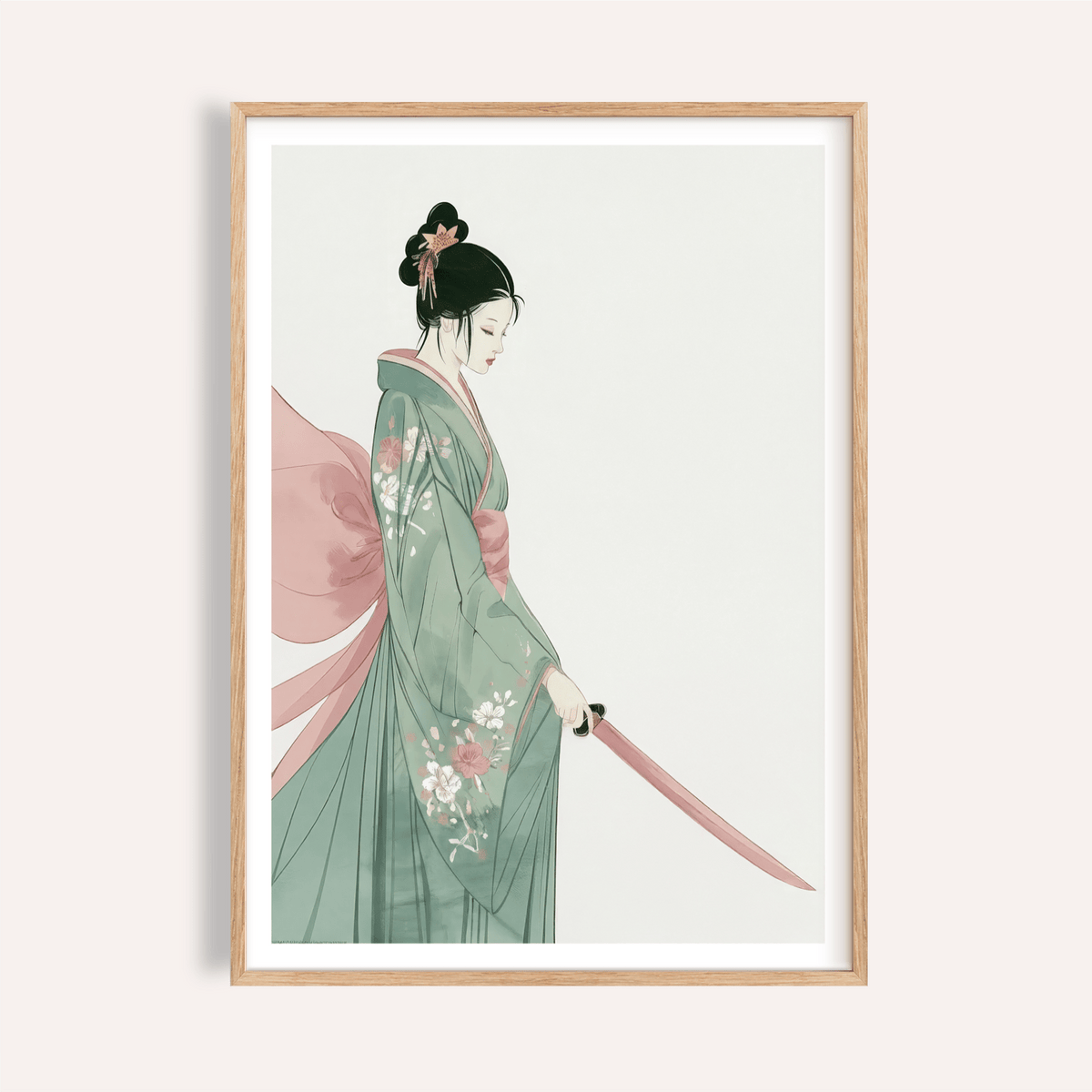 Profile kimono illustration with floral robe and flowing ribbon wall art