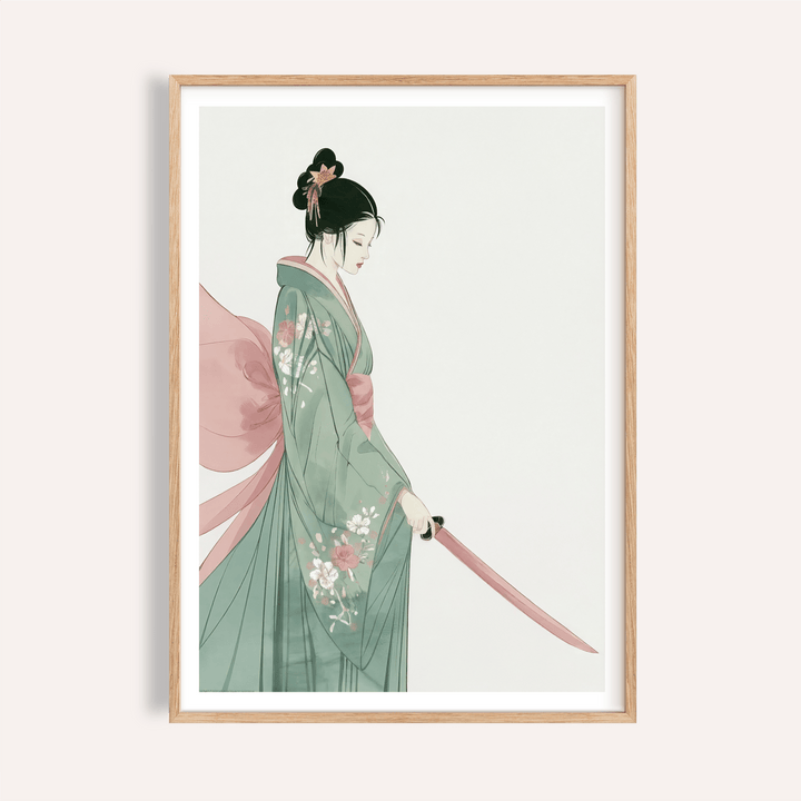Profile kimono illustration with floral robe and flowing ribbon wall art