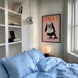 Chihuahua Nun Costume Art print for cheerful home office, main colors Pink Red