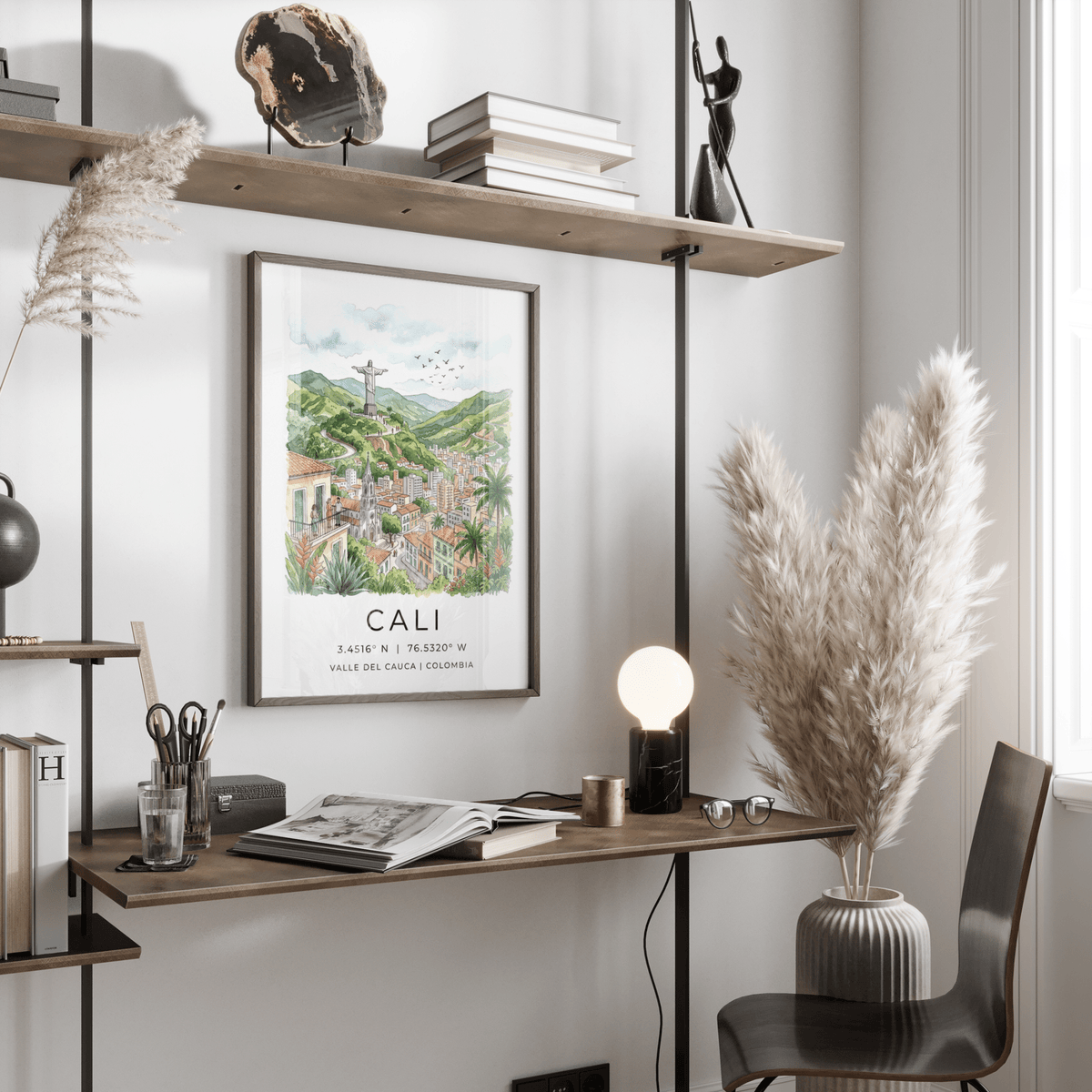 Framed view Cali Colombia Poster wall art with church spire and rooftops