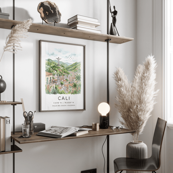 Framed view Cali Colombia Poster wall art with church spire and rooftops