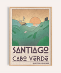 Vintage-style coastal wall art poster with lighthouse, sun disk, and “SANTIAGO CABO VERDE” text