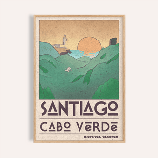 Vintage-style coastal wall art poster with lighthouse, sun disk, and “SANTIAGO CABO VERDE” text
