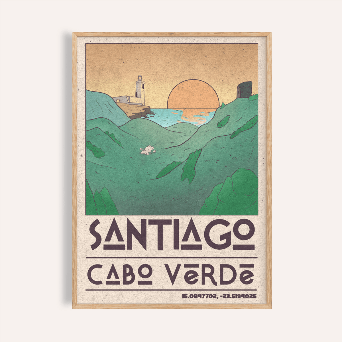 Vintage-style coastal wall art poster with lighthouse, sun disk, and “SANTIAGO CABO VERDE” text