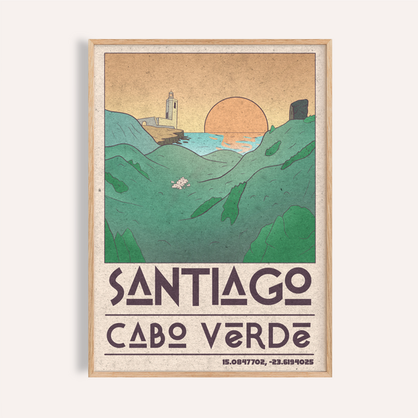 Vintage-style coastal wall art poster with lighthouse, sun disk, and “SANTIAGO CABO VERDE” text