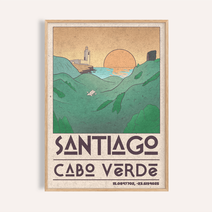 Vintage-style coastal wall art poster with lighthouse, sun disk, and “SANTIAGO CABO VERDE” text