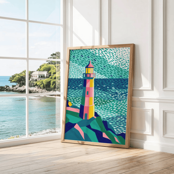 Bold Colourful Lighthouse Print art print, blue and green, for contemporary living room